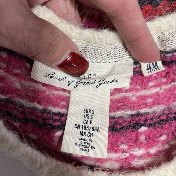L.O.G.G. H&M Alpaca Fair Isle Sweater Women’s S Ivory Pink Fuzzy Cozy Wool Blend - Picture 5 of 7